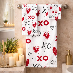 Playful Red & Black XO Heart Pattern on White Bath Towel Set