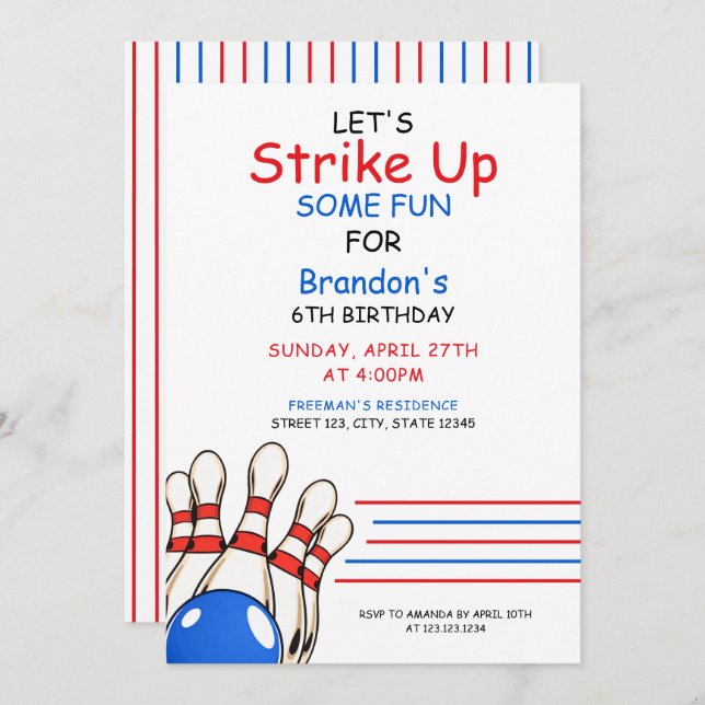 Playful Red & Blue Bowling Themed 6th Birthday Invitation (Front/Back)