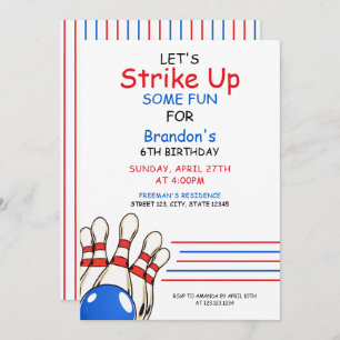 Playful Red & Blue Bowling Themed 6th Birthday Invitation
