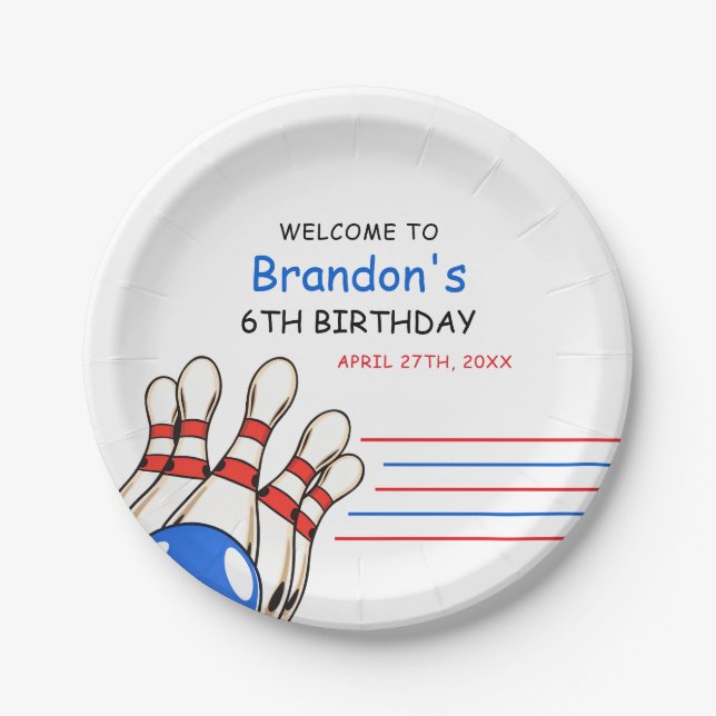 Playful Red & Blue Bowling Themed 6th Birthday Paper Plate (Front)