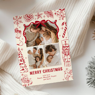 Playful Red Doodle 3 Photo Christmas Holiday Card