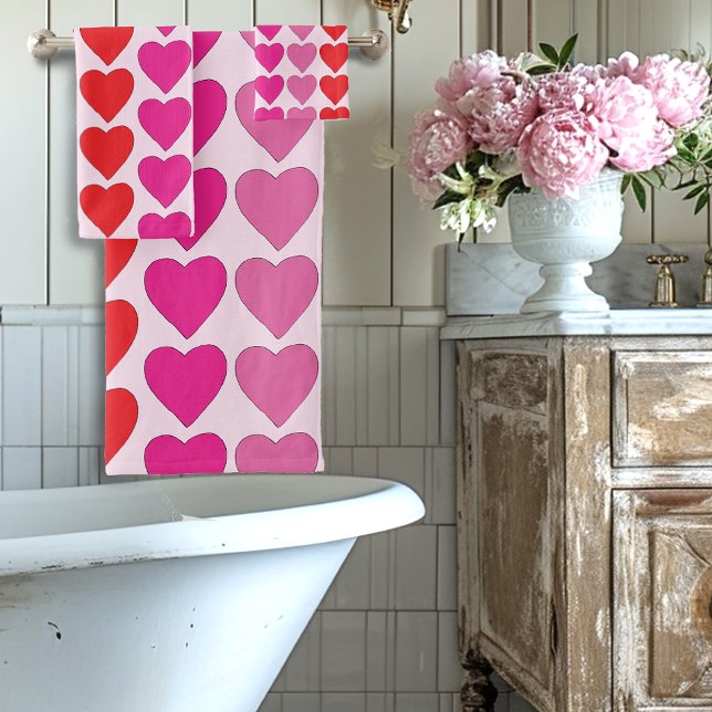 Playful Red Pink Fuchsia Hearts Valentine Pattern  Bath Towel Set (Creator Uploaded)
