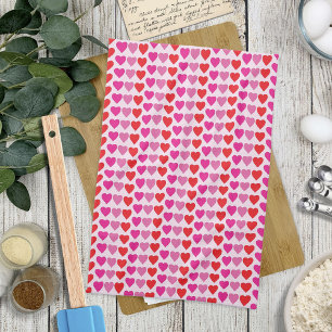 Playful Red Pink Fuchsia Hearts Valentine Pattern Tea Towel