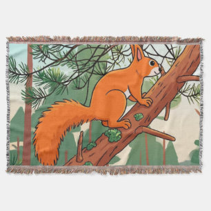 Playful Red Squirrel on Pine Tree Illustration Throw Blanket