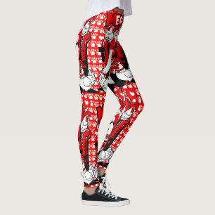 Playful Red White Winking Cat & Chickens Pattern Leggings