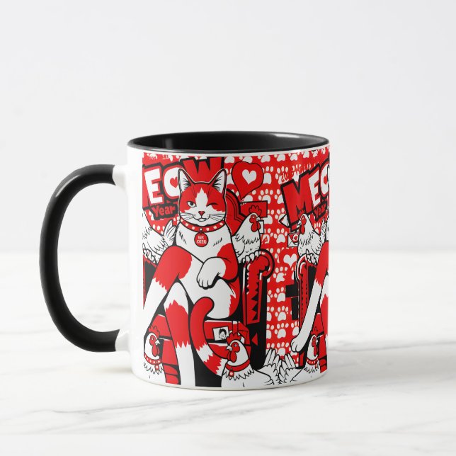 Playful Red White Winking Cat & Chickens Pattern Mug (Left)