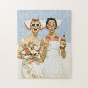 Playful Retro Bridesmaids Celebration Illustration Jigsaw Puzzle