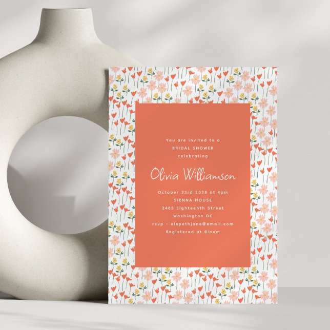 Playful Retro Floral Orange Flowers Bridal Shower Invitation (Creator Uploaded)
