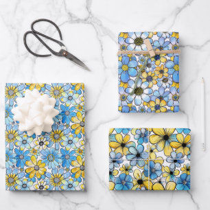 Playful Retro Floral Pattern, Soft Blue and Yellow Wrapping Paper Sheet