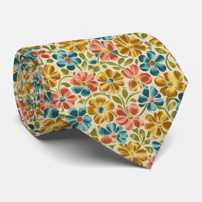 Playful Retro Floral Pattern Tie (Rolled)