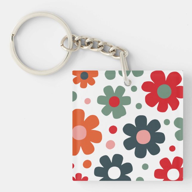 Playful Retro Flower Pattern Key Ring (Front)