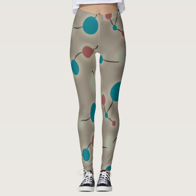 Playful Retro Large Molecules Universe Blue Grey Leggings (Front)