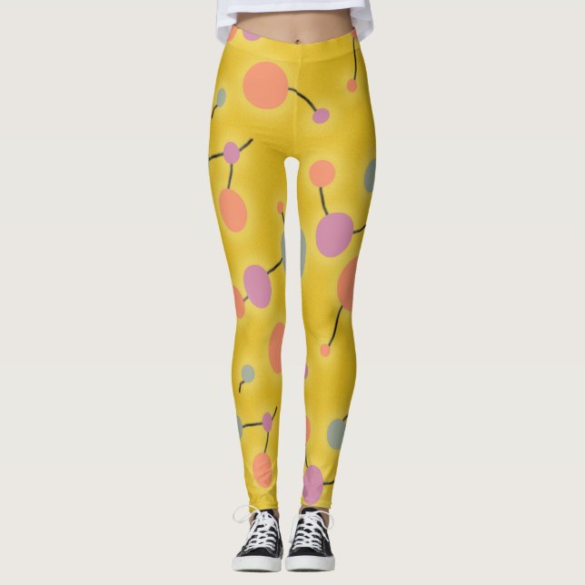 Playful Retro Large Molecules Universe Pink Yellow Leggings (Front)