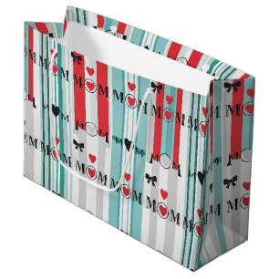 Playful Retro Mum with Hearts & Turquoise Stripes Large Gift Bag