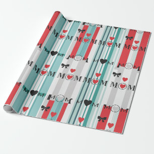 Playful Retro Mum with Hearts & Turquoise Stripes Wrapping Paper