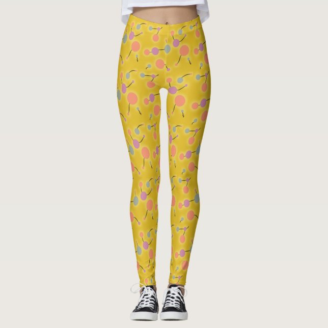 Playful Retro Small Molecules Universe Pink Yellow Leggings (Front)
