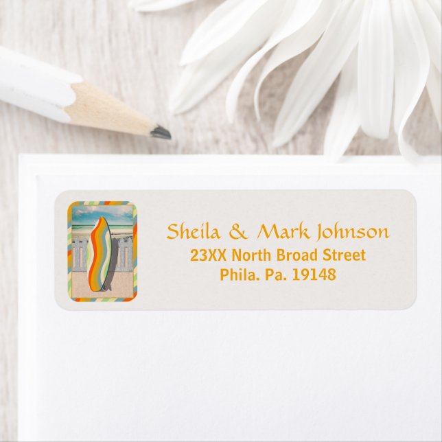 Playful Retro Surfboard Coastal Beach Art Return Address Label (Insitu)