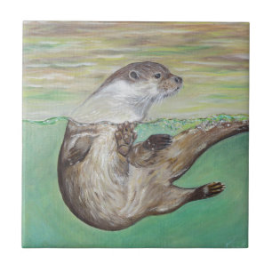Playful River Otter Ceramic Tile