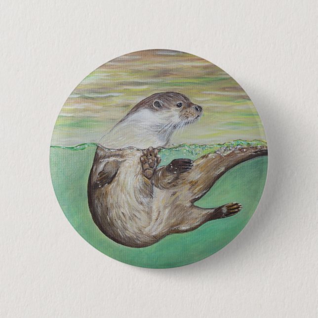 Playful River Otter Painting 6 Cm Round Badge (Front)