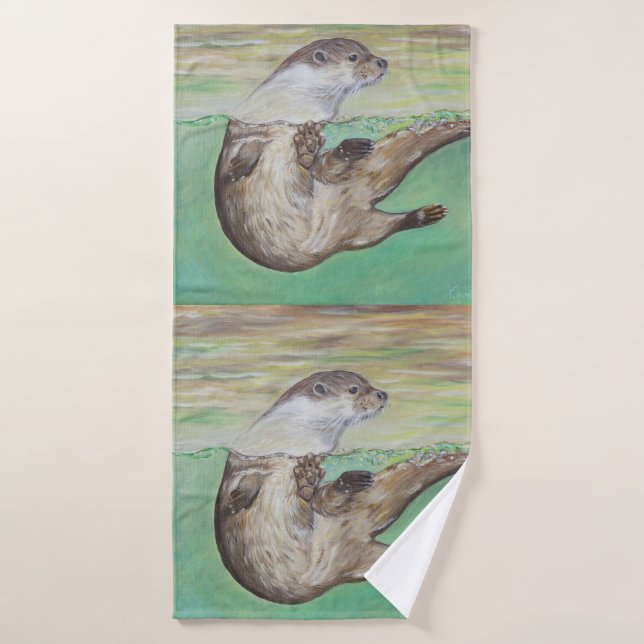 Playful River Otter Painting Bath Towel Set (Bath Towel)
