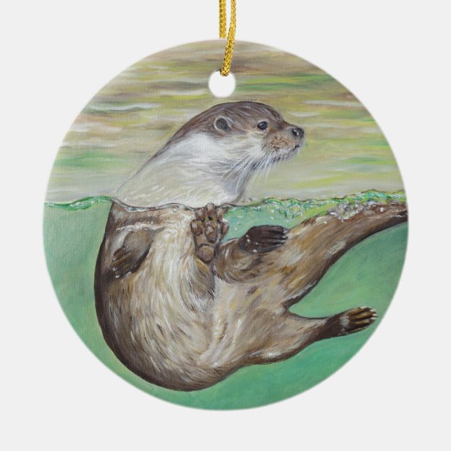 Playful River Otter Painting Ceramic Ornament (Front)