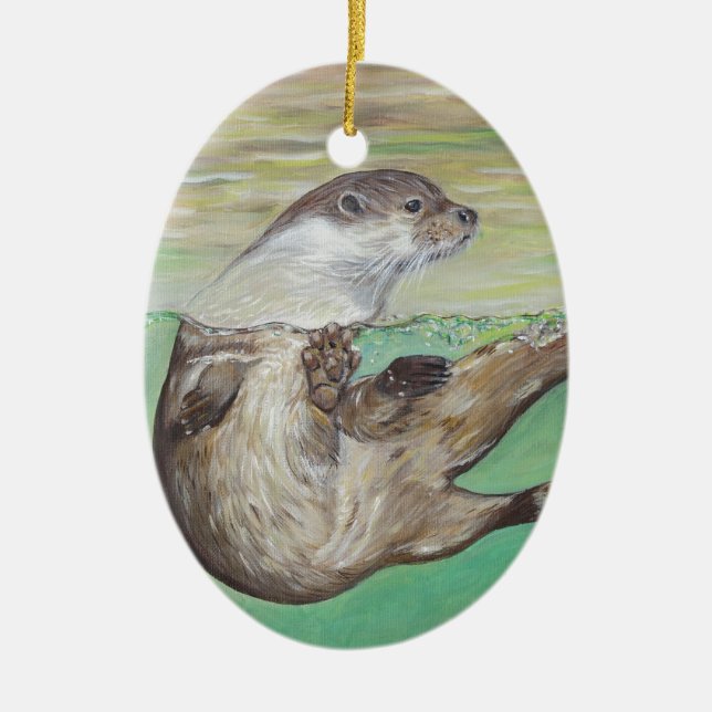 Playful River Otter Painting Ceramic Tree Decoration (Front)