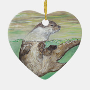 Playful River Otter Painting Ceramic Tree Decoration