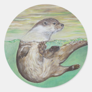 Playful River Otter Painting Classic Round Sticker