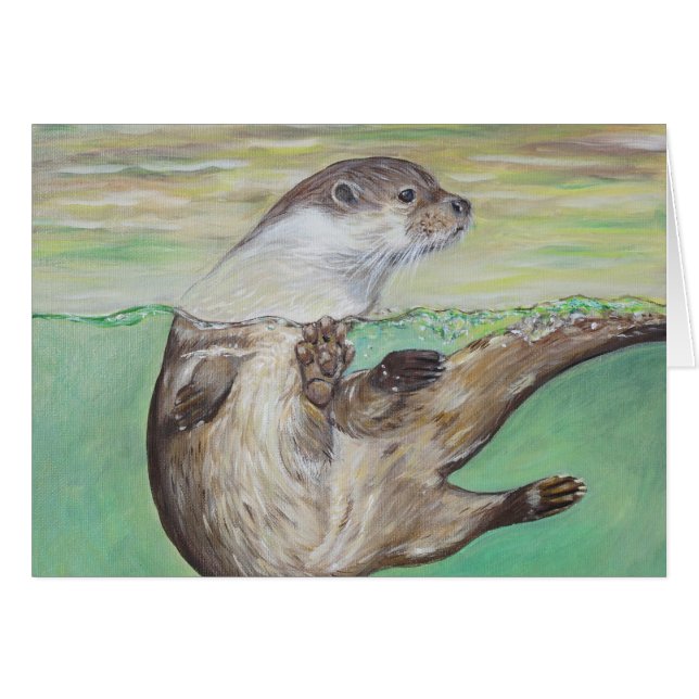 Playful River Otter Painting Greeting Card (Front Horizontal)