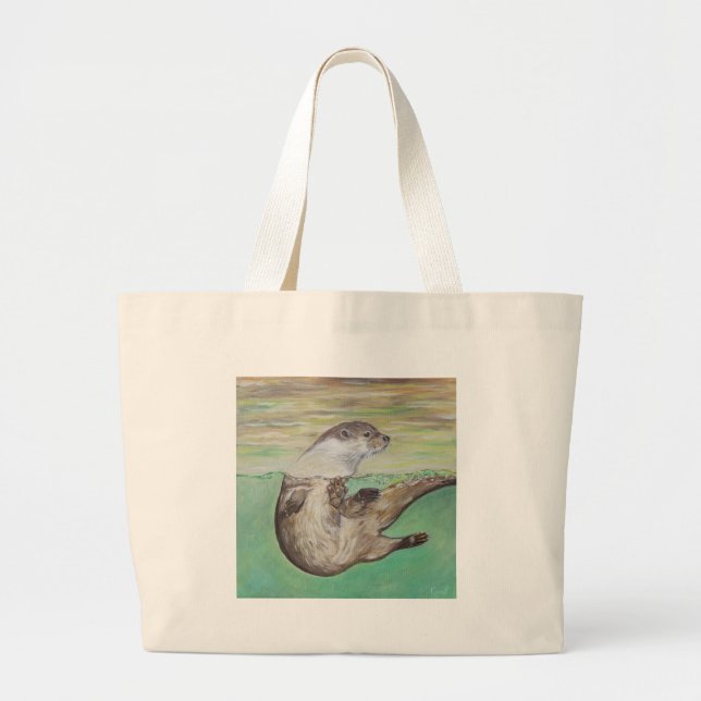 Playful River Otter Painting Large Tote Bag (Front)