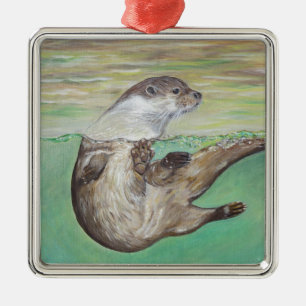 Playful River Otter Painting Metal Ornament
