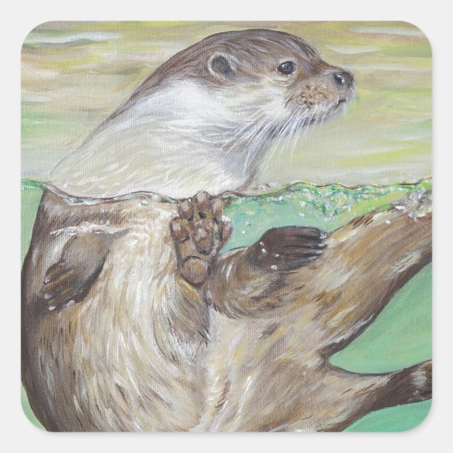 Playful River Otter Painting Square Sticker (Front)