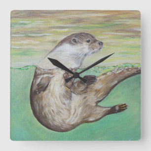 Playful River Otter Painting Square Wall Clock