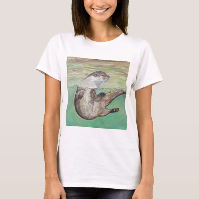 Playful River Otter Painting T-Shirt (Front)