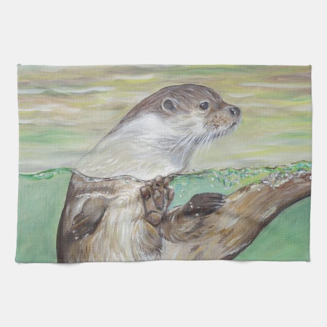 Playful River Otter Painting Tea Towel (Horizontal)
