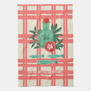 Playful Sardines Olive Oil Coral Kitchen Design Tea Towel