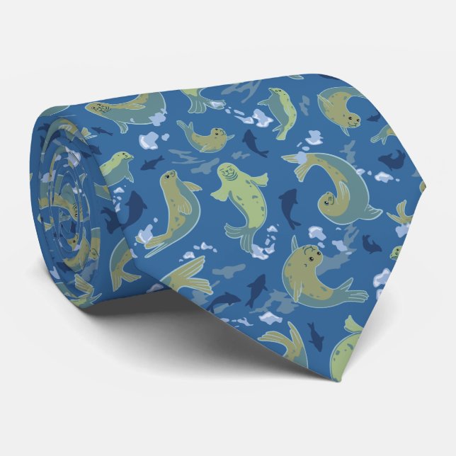 Playful Seals Marine Blue Neck Tie (Rolled)