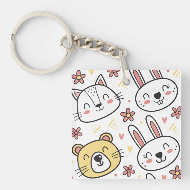 Playful Seamless Pattern with Cute Cartoon Animals Key Ring (Front)