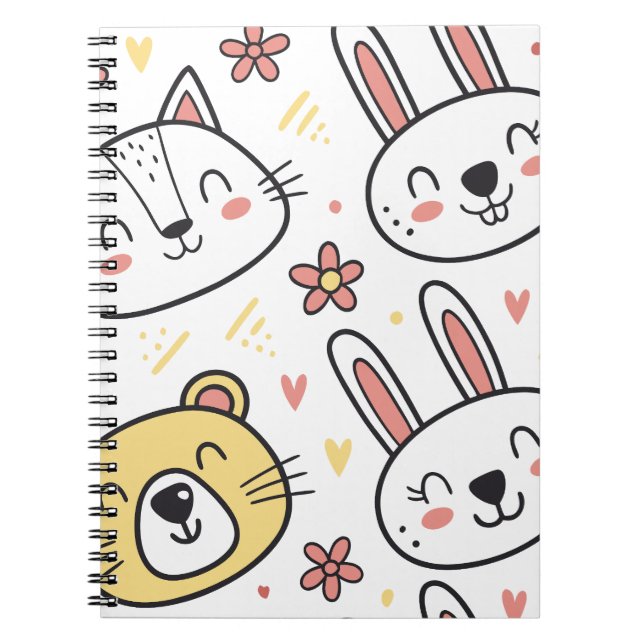 Playful Seamless Pattern with Cute Cartoon Animals Notebook (Front)