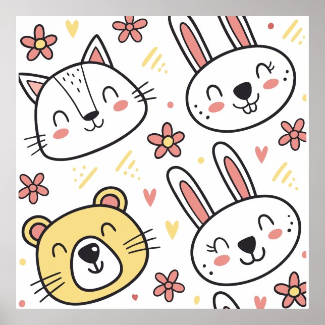 Playful Seamless Pattern with Cute Cartoon Animals Poster (Front)