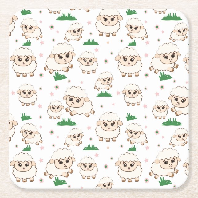 Playful Sheep Pattern Square Paper Coaster (Front)