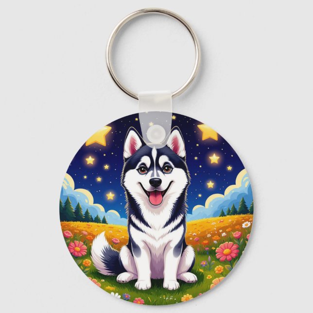 Playful Siberian Husky Key Ring (Front)
