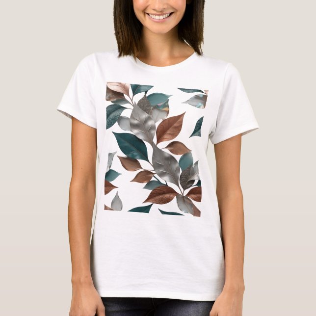Playful Silver 3D LEAVES PATTERN Text Design T-Shirt (Front)