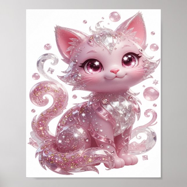 Playful Silver PINK GLITTER CAT Poster (Front)