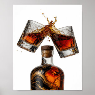Playful Silver WHISKY BOTTLE AND GLASSES SPLASH Poster