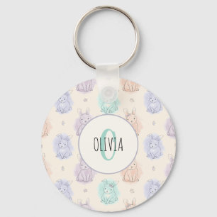 Playful Sketch Bunnies Monogram Key Ring