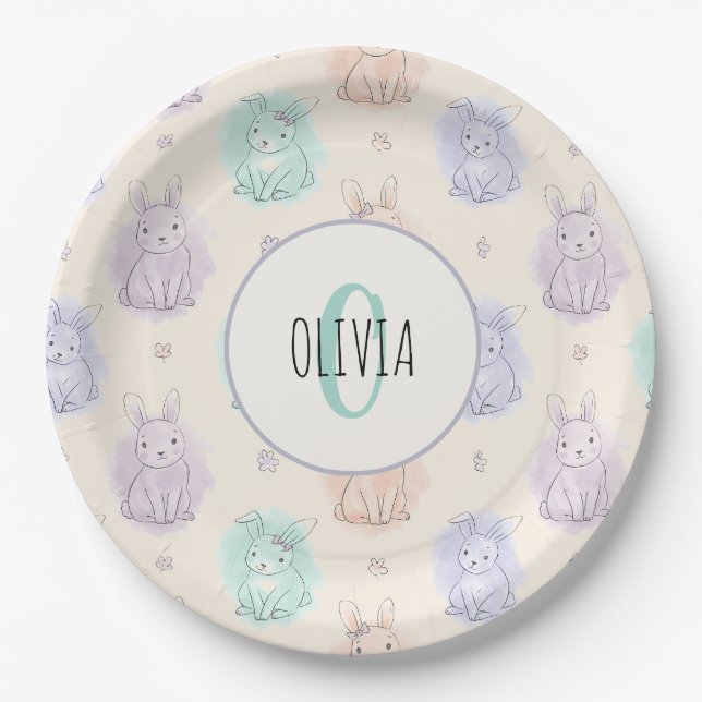 Playful Sketch Bunnies Monogram Paper Plate (Front)