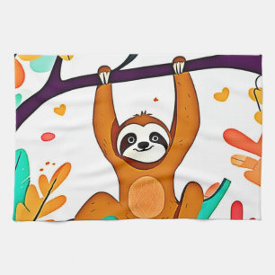 Playful Sloth Hanging from a Tree Tea Towel