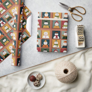 Playful Snowman Grid on Snowy Texture Wrapping Paper