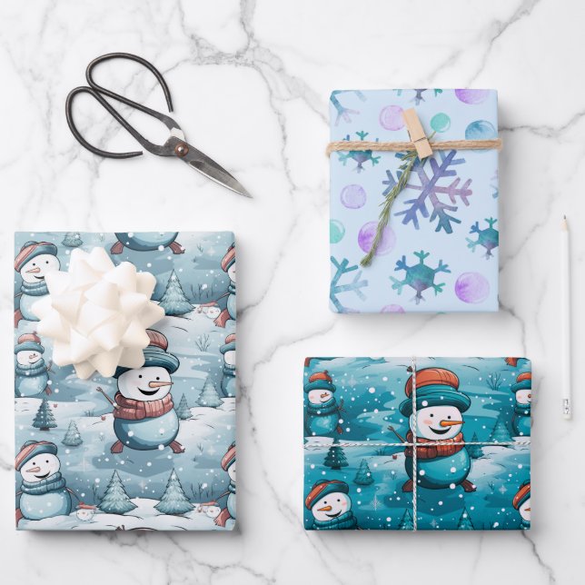 Playful Snowmen Pine Trees Snowflakes Christmas Wrapping Paper Sheet (Front)